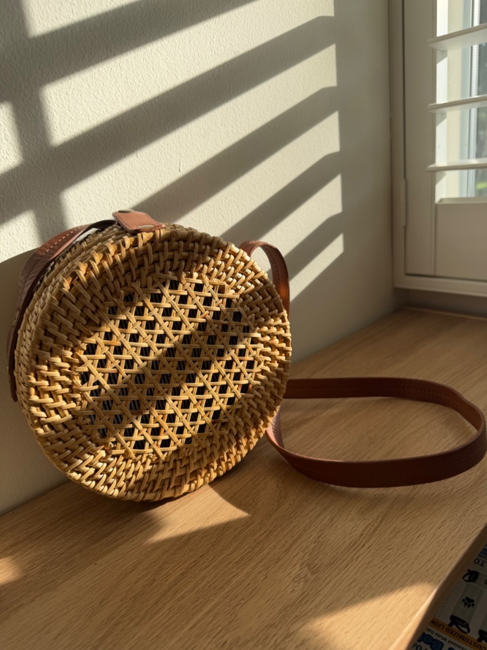 J. Crew Round Rattan Wicker Crossbody Bag Brown Leather Strap